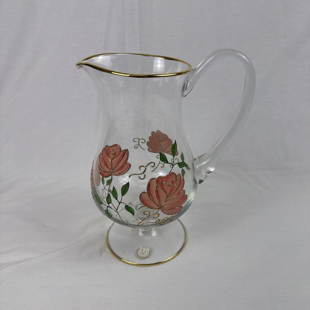 Handcrafted Romanian crystal pedestal pitcher hand-painted roses And gold trim